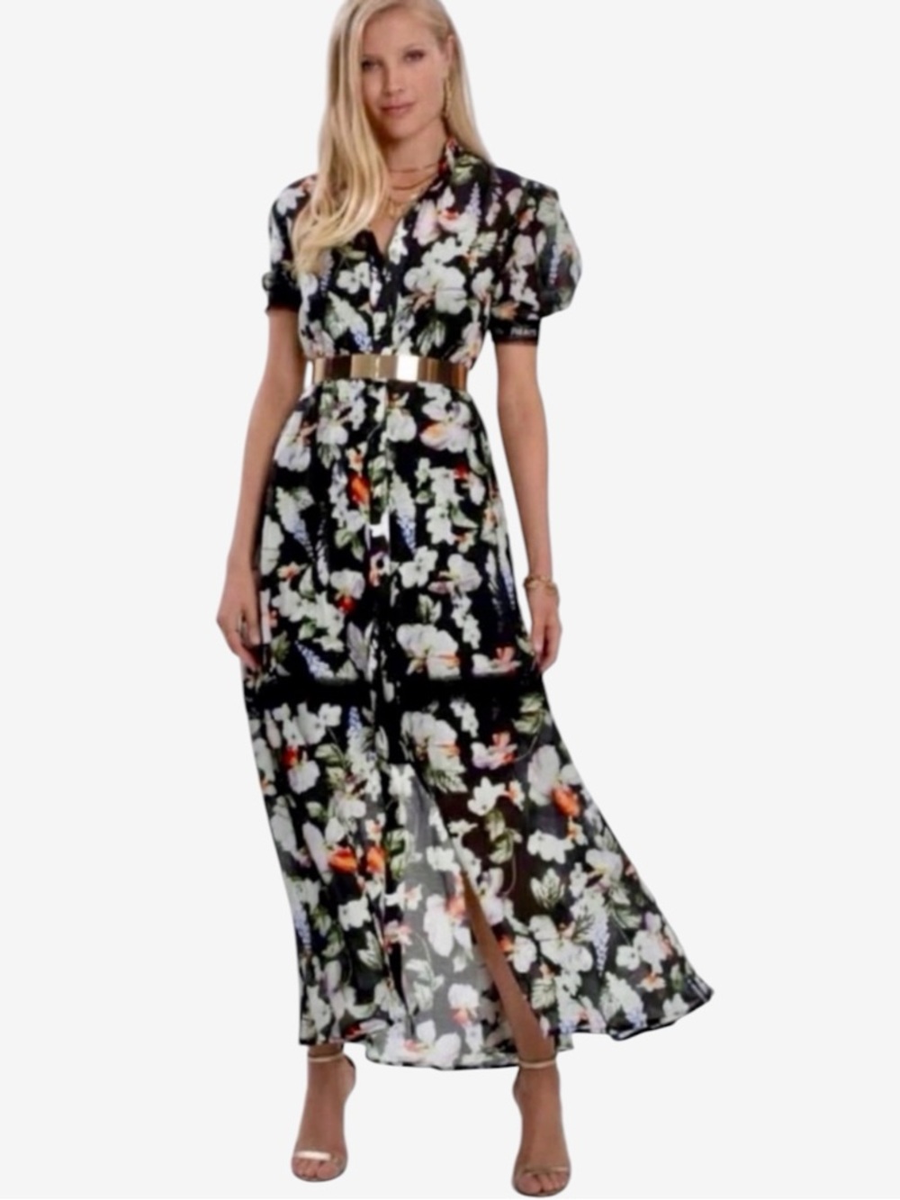 Aqua Blu Arcadia Atlas Silk Floral Lace Short Puff Sleeve Button Down Maxi Dress